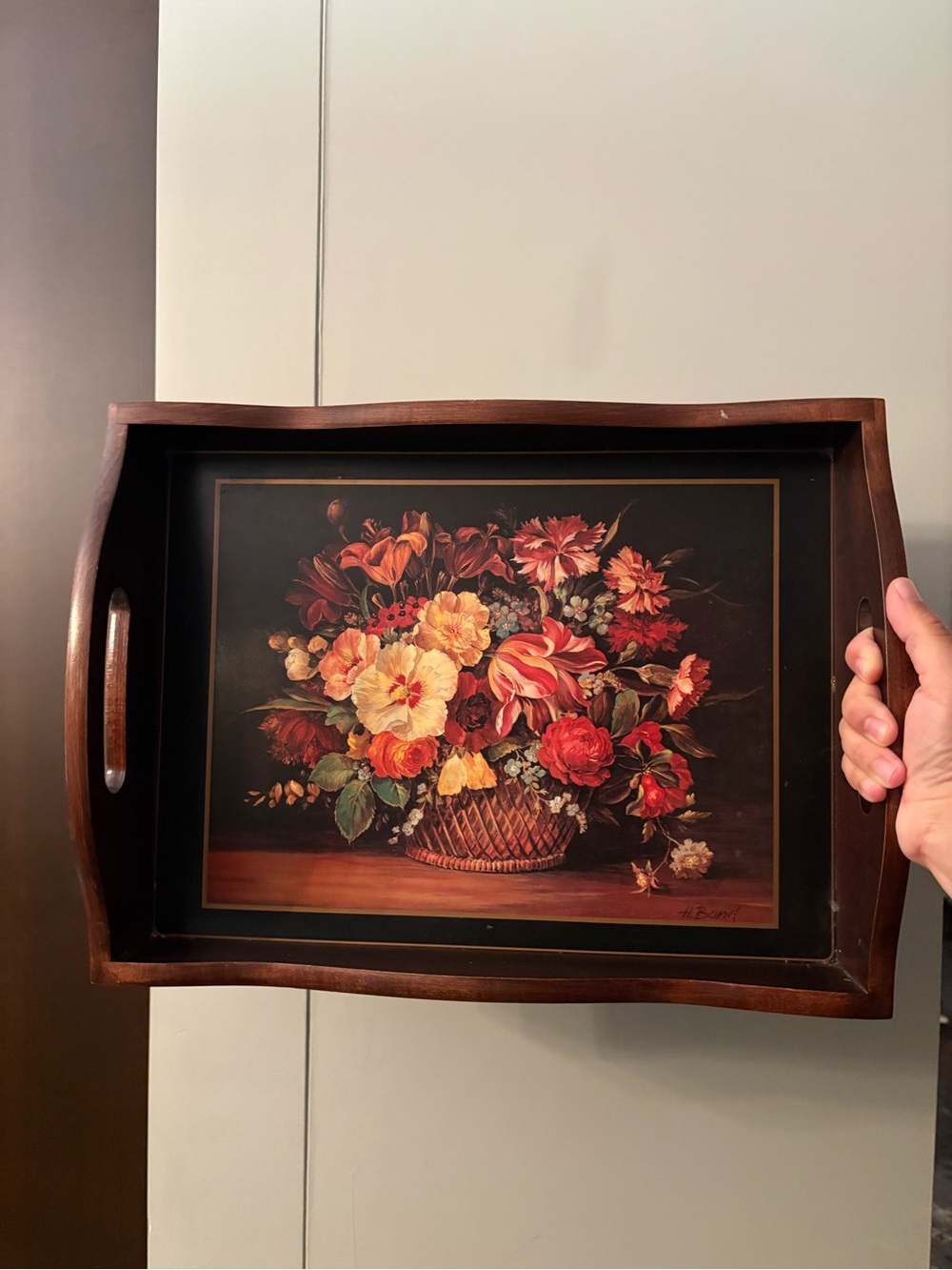VINTAGE Solid Wood Butler Tray - H. Bund Floral Decoupage, Felt Bottom 1970s 80s